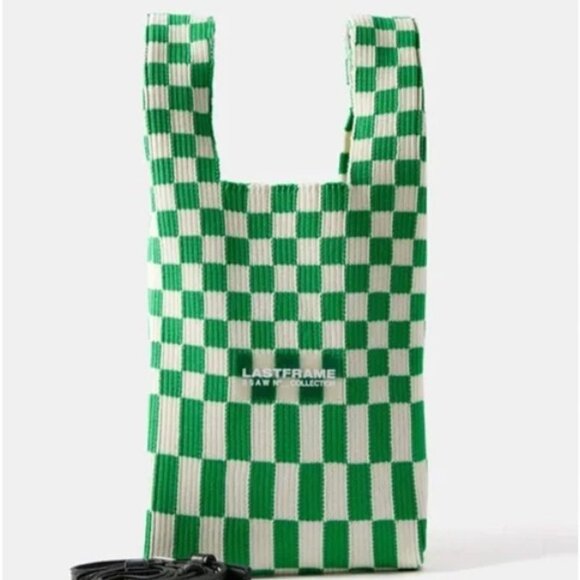Lastframe Women's White and Green Small Checkered Knit Tote Bag - Picture 1 of 4